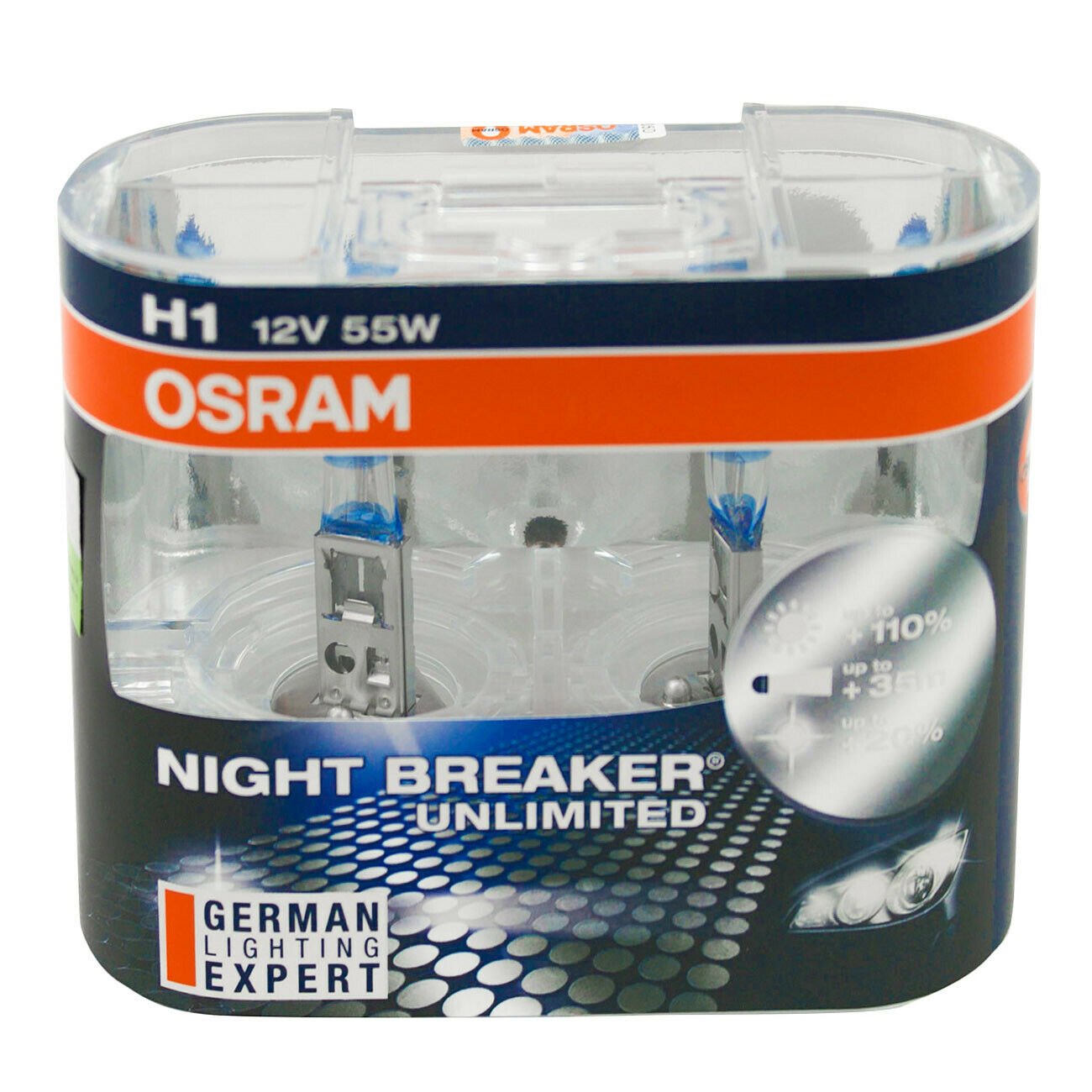 110% Night Breaker Unlimited H1 Headlight Bulb Globes 12V 55W Pair German Made