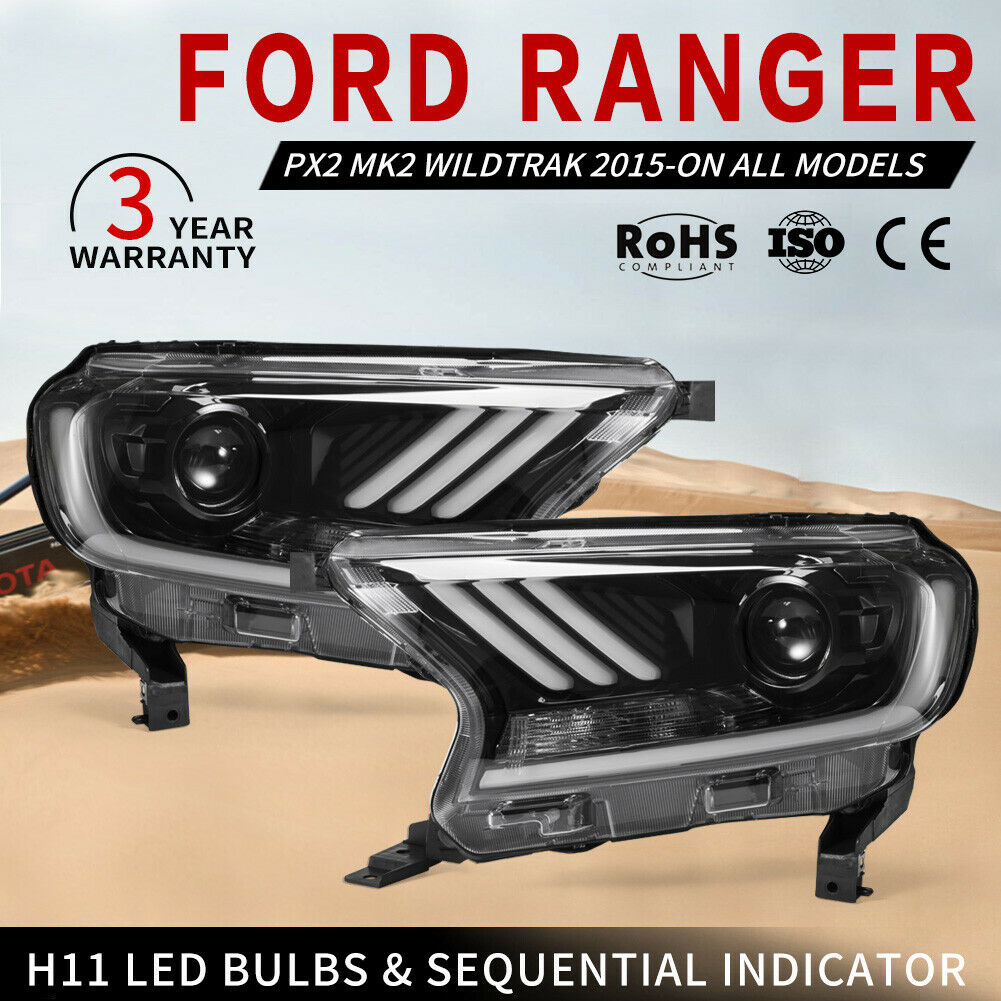 Headlights For Ford Ranger Everest 2015-ON Mustang style H11 Halo DRL pair